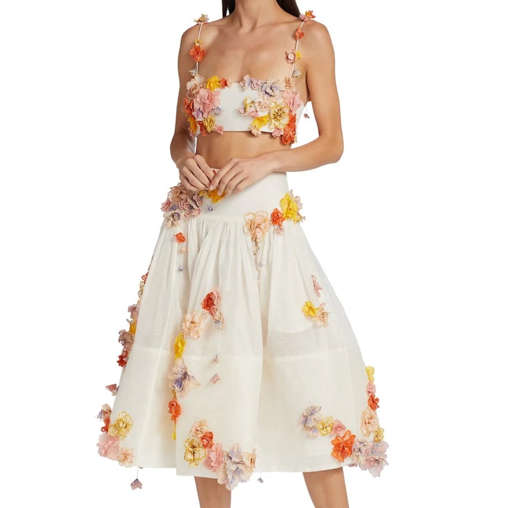 Zimmermann Postcard Flower-Embellished Midi-Skirt